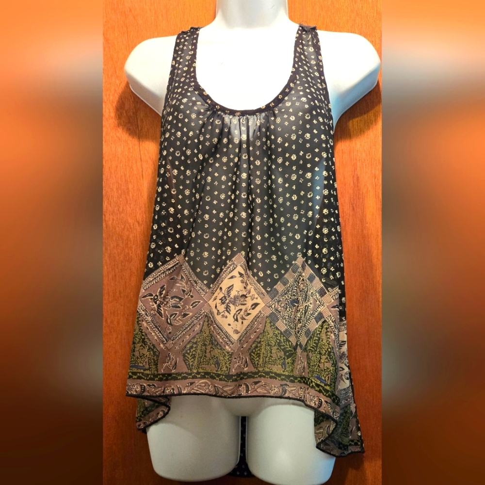 Vivace STUNNING sheer & lace black&tan high/low tank top szM